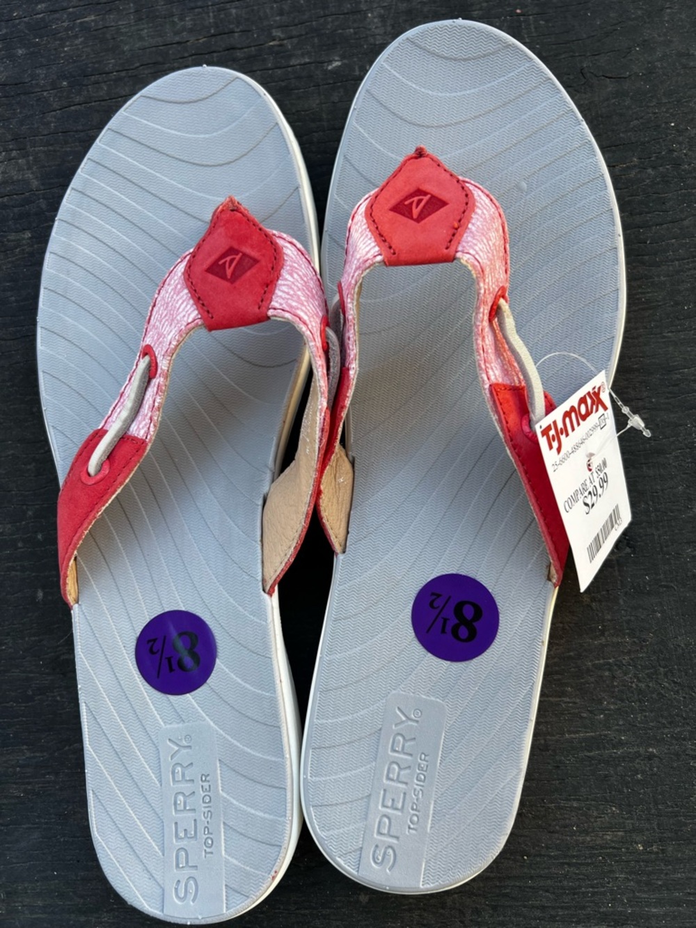 Sperry Women's Coral Red and Light Gray Flip Flop Sandals